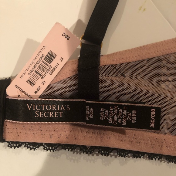 VICTORIA’S SECRET Black Lace with Pink Lining Lined Plunge BRA 36C NWT - Picture 7 of 9